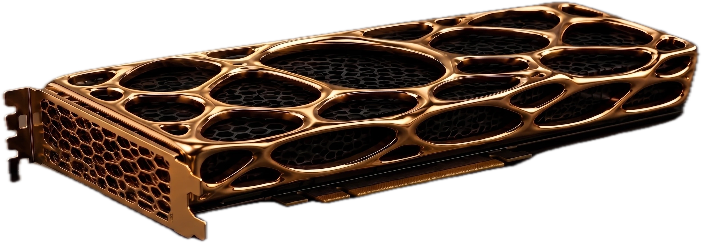 The sealed Extropic Z1 PCIe card: a polished gold organic lattice shroud over a matte near-black body, with a perforated gold honeycomb bracket