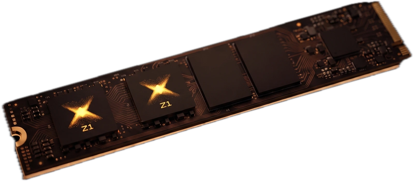 An Extropic M.2 thermo compute stick: a slim near-black board carrying two gold-marked Z1 chips and memory packages on copper traces